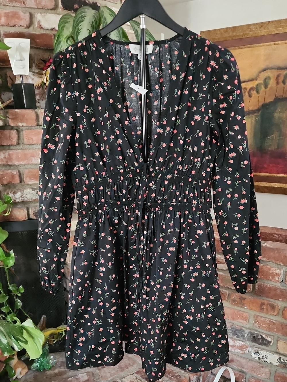 NWT Wayf Black Floral Long Sleeve Mini Dress Red Ditsy Boho Cottagecore